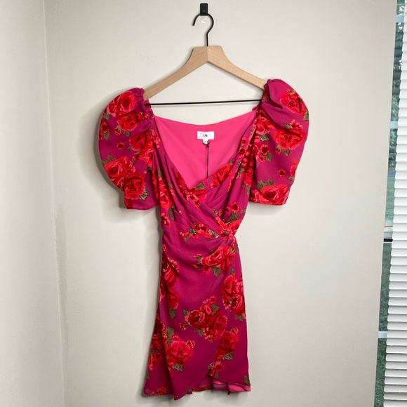 LPA Araceli Puff Sleeve Floral Wrap Mini Dress Pink - Picture 2 of 7